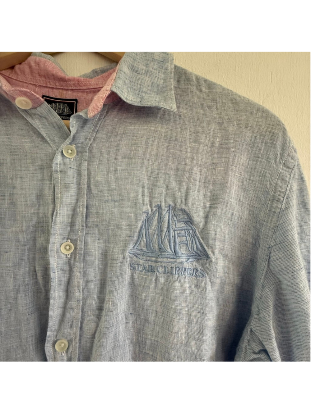 Star Clippers Luxury 100% Linen Sailing Shirt L Blue Pink Trim